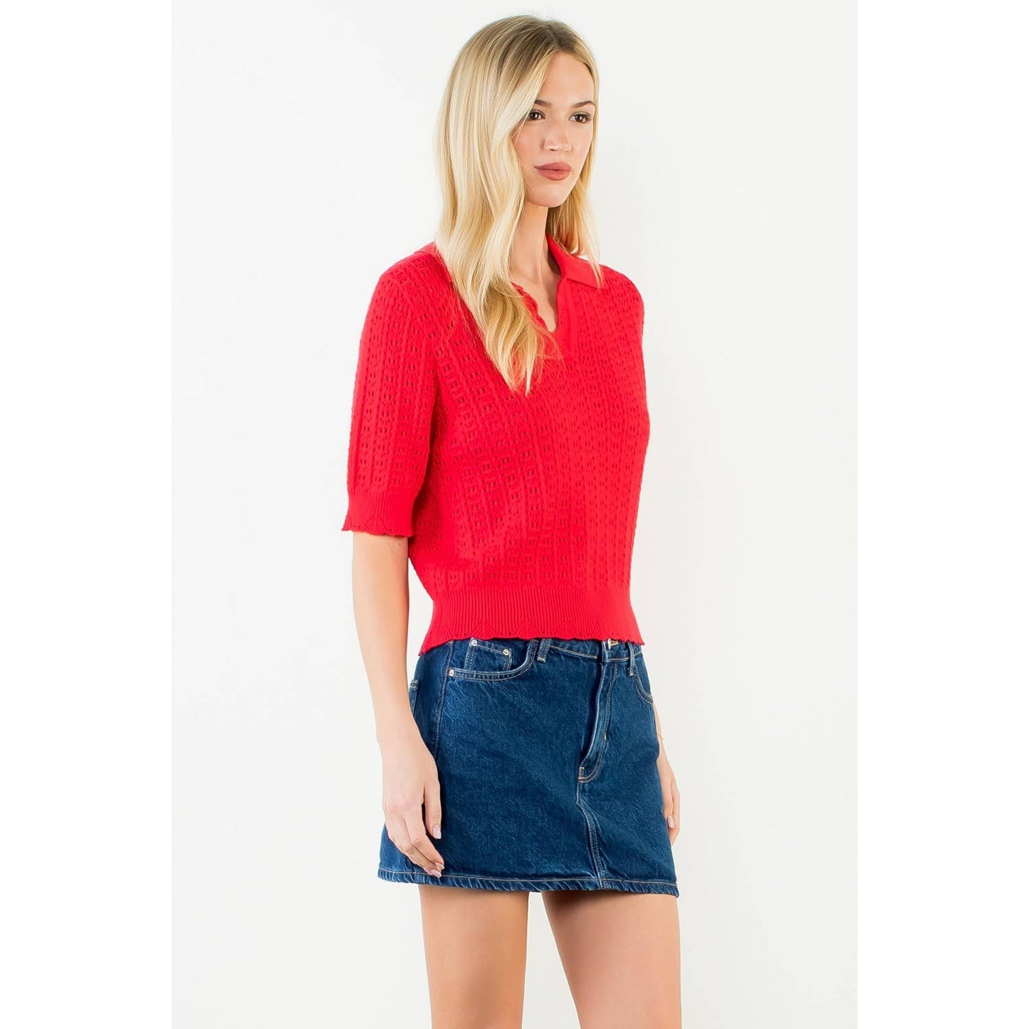 Open Knit Collared Short Sleeve Top