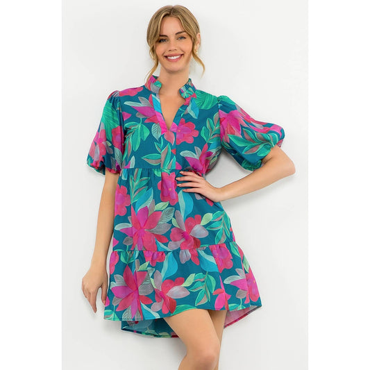 Puff Sleeve Flower Print Dress