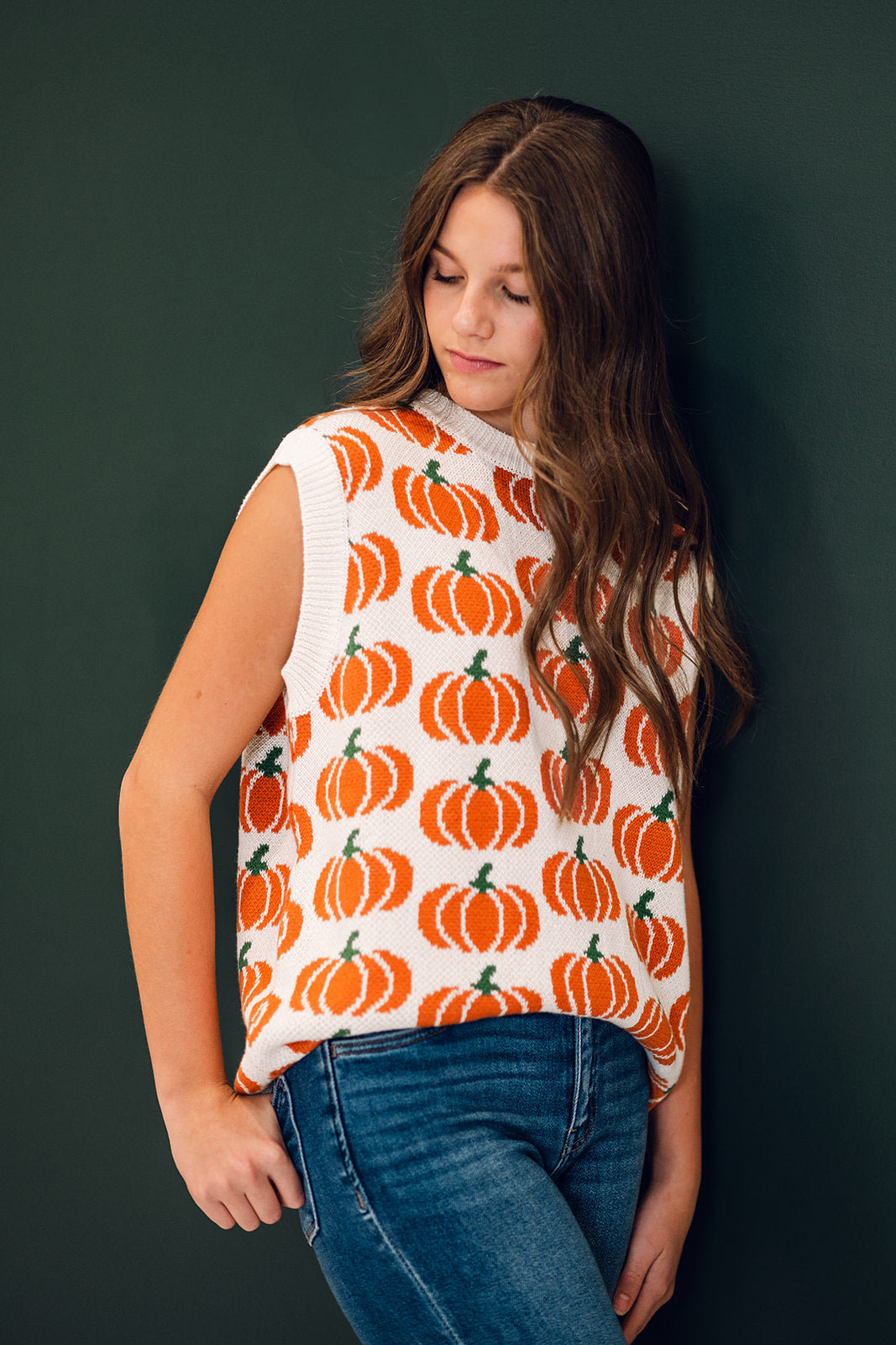Pumpkin Print Sleevless Sweater Knit Top