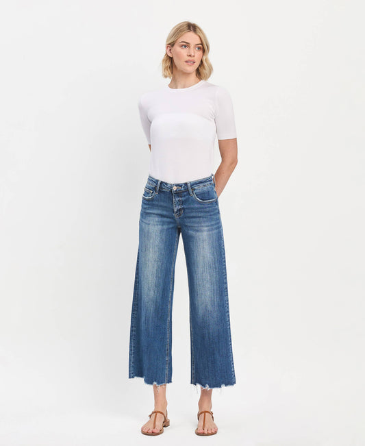 Mid Rise Raw Hem Wide Leg Denim