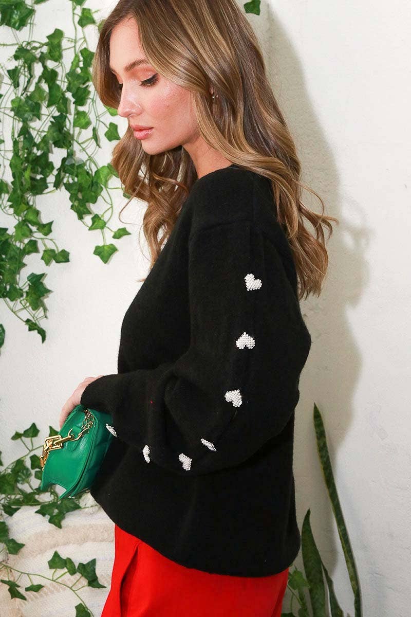 Heart Shaped Jeweled Button Knit Sweater