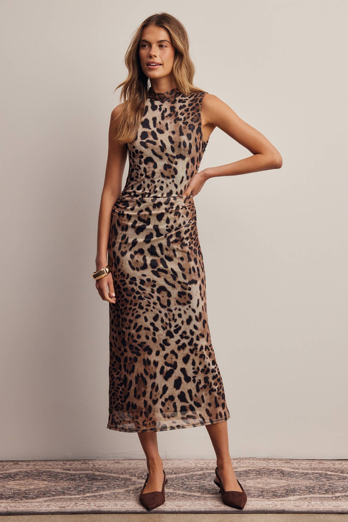 Leopard Print Power Mesh Midi Dress