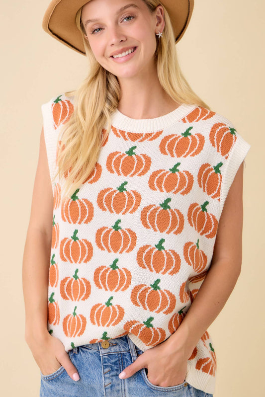 Pumpkin Print Sleevless Sweater Knit Top
