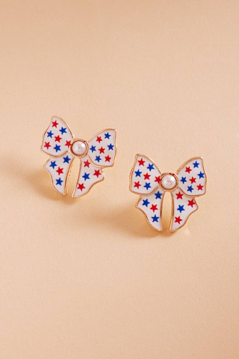 Bow Enamel American Flag Pattern Post Earrings