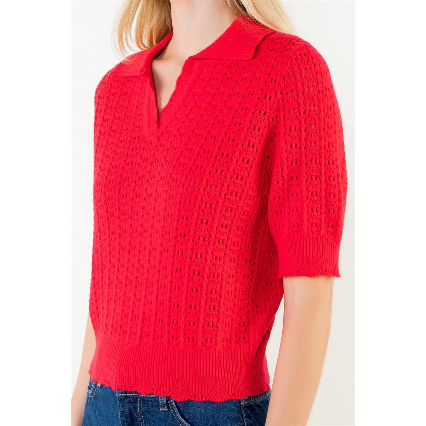 Open Knit Collared Short Sleeve Top