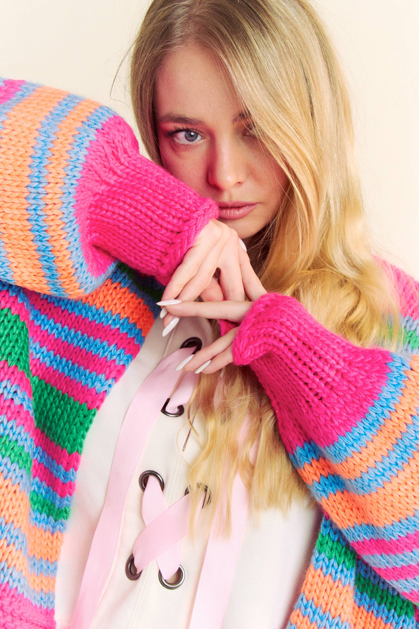 Chunky Knit Multi Striped Open Sweater Cardigan