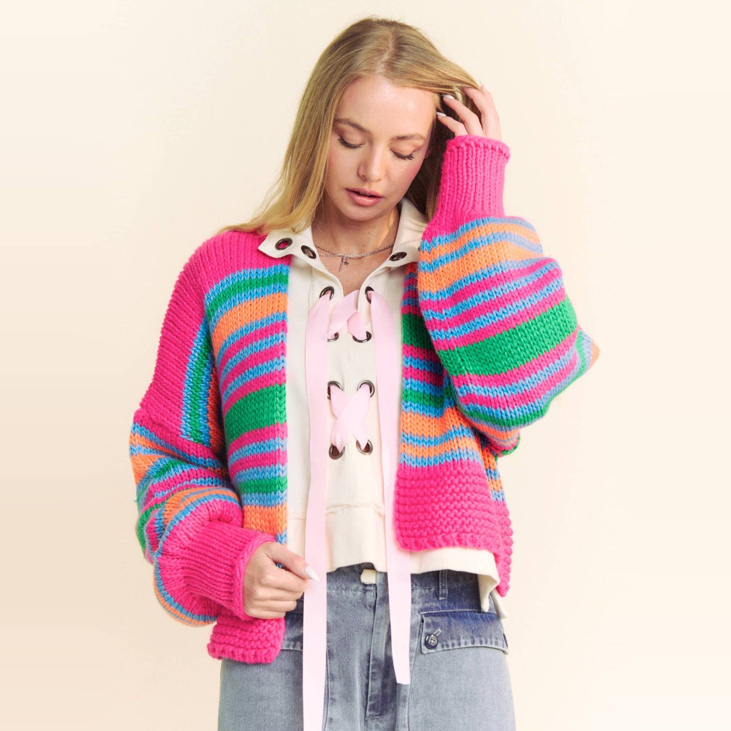 Chunky Knit Multi Striped Open Sweater Cardigan