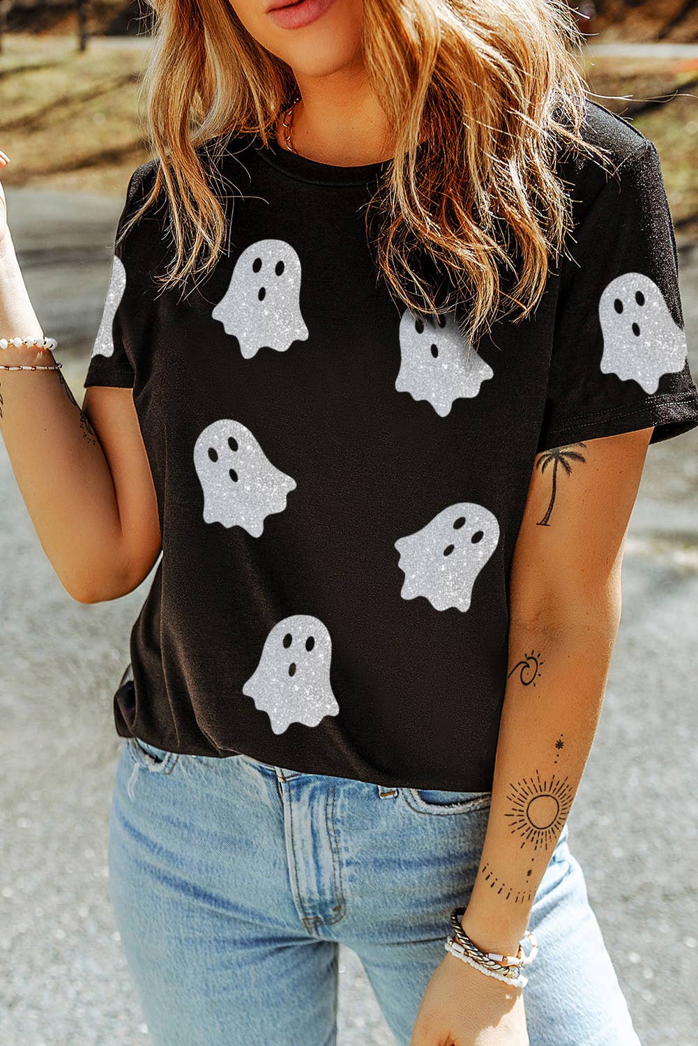 Glitter Ghost Pattern Crew Neck Tee