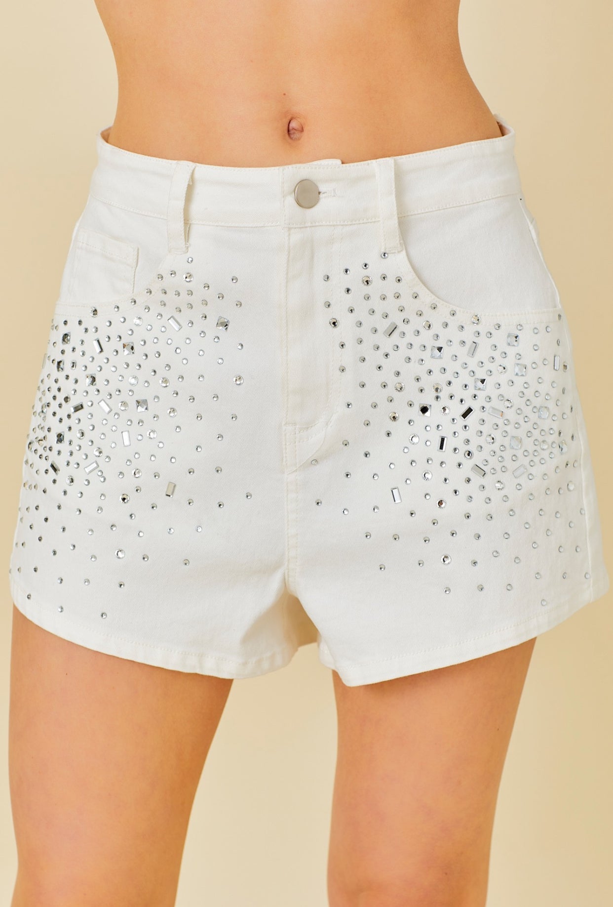 RHINESTONE DENIM SHORT-WHITE