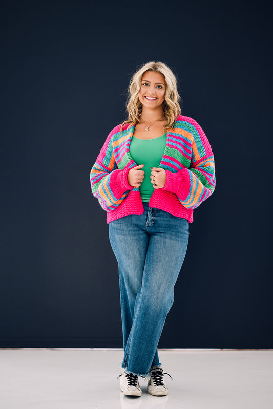 Chunky Knit Multi Striped Open Sweater Cardigan