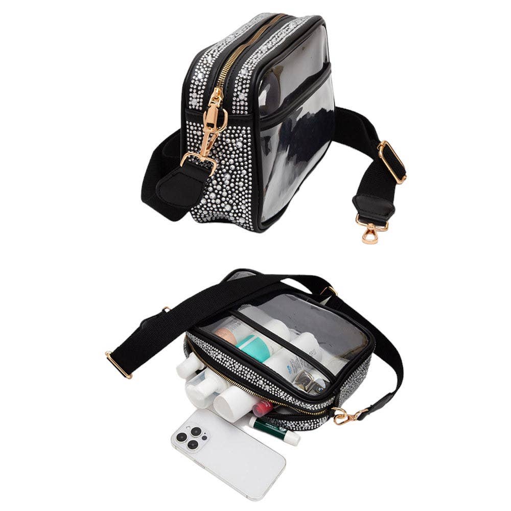 Bling Studded Faux Leather Clear Rectangle Crossbody Bag