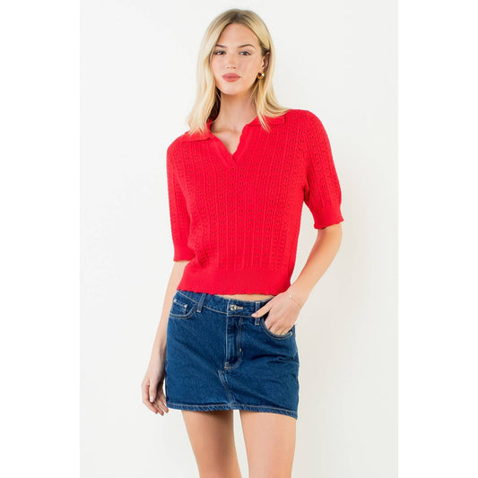 Open Knit Collared Short Sleeve Top