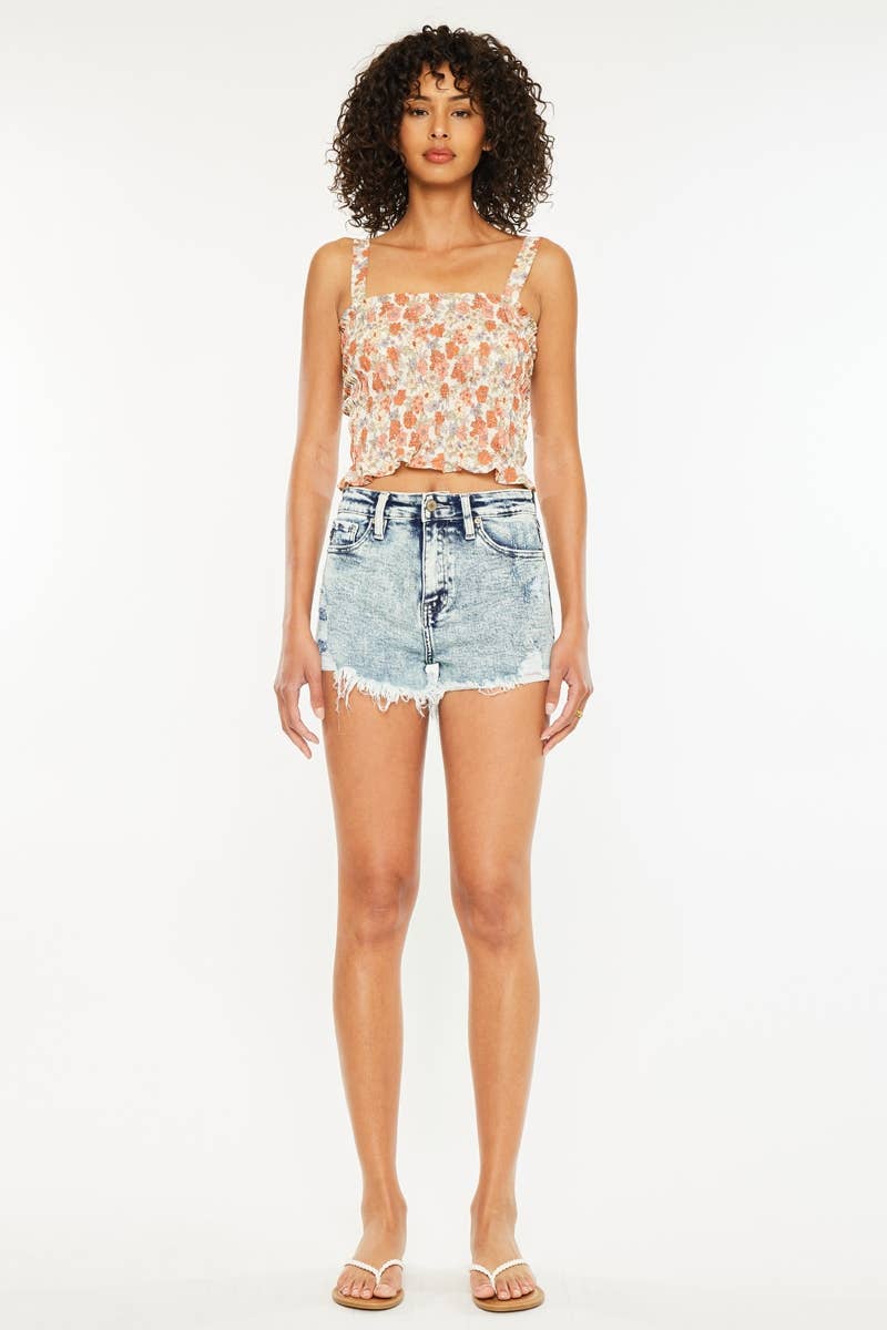 High Rise Fray Hem Denim Shorts