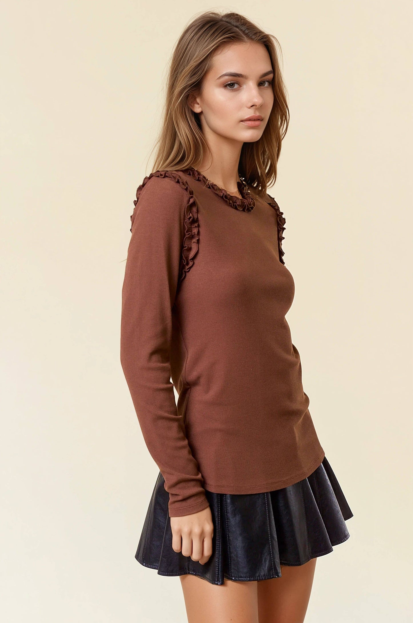 Soft Ribbed Ruffle Long Sleeve Tee
