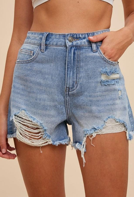 HIGH RISE DISTESS DENIM SHORTS