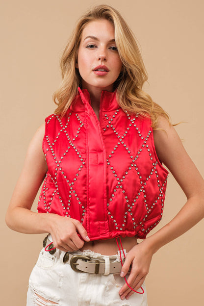 Shiny Woven Studded Crop Puffer Zip Up Vest