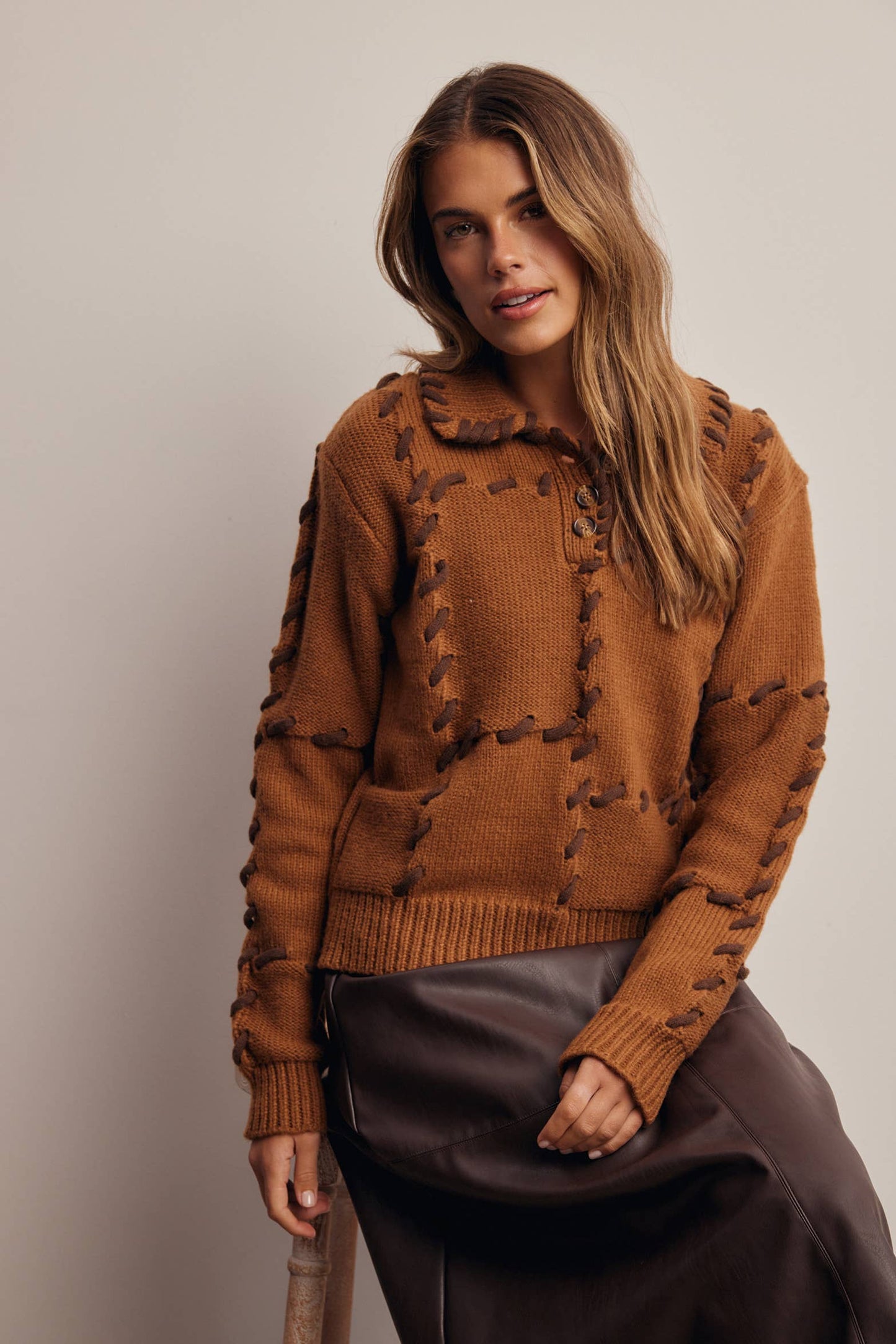 Whipstitch Patchwork Knit Sweater