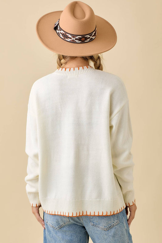 Pumpkin Patchwork Sweater Knit Top With Stitching Detail
