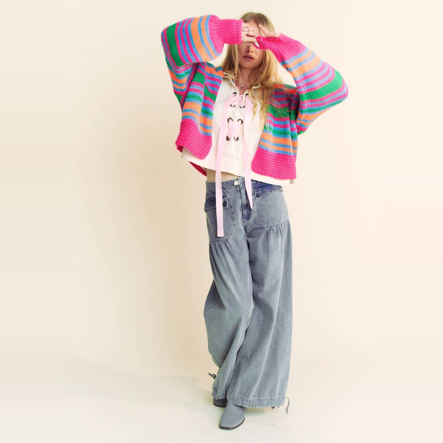 Chunky Knit Multi Striped Open Sweater Cardigan