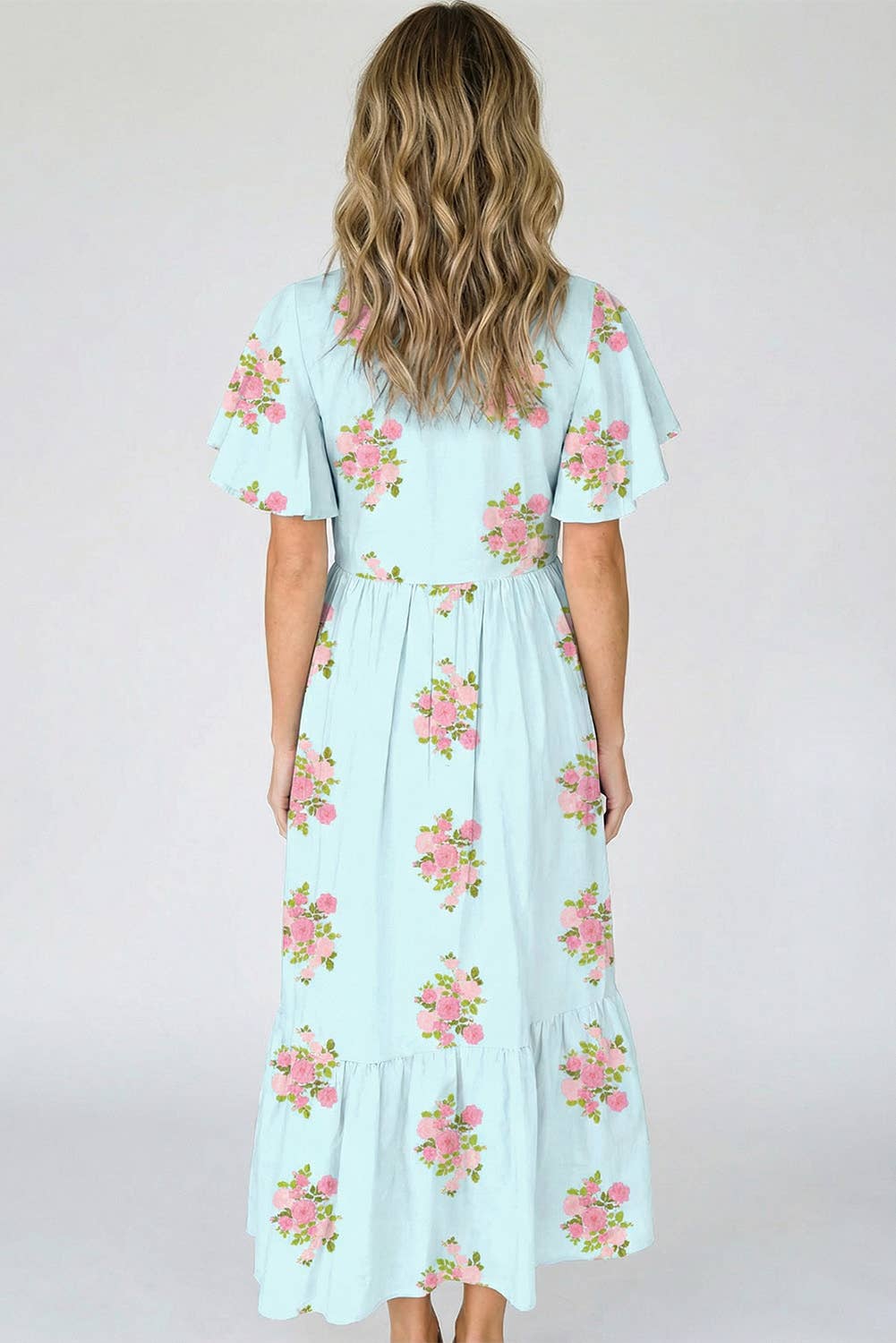 Floral Print V Neck Flutter Maxi Dress