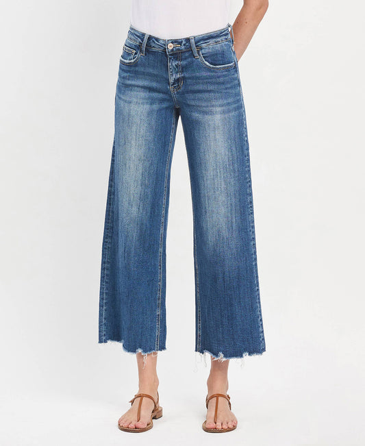 Mid Rise Raw Hem Wide Leg Denim