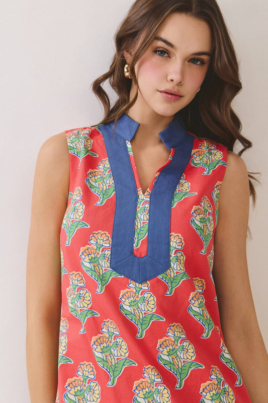 CD06940-Orange Floral Print Side Slit Contrast Trim Dress