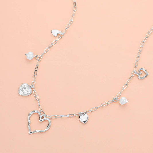 Heart and Pearl Charm Station Necklace