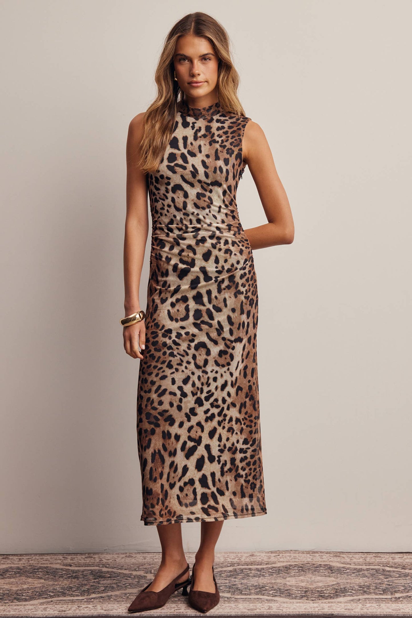 Leopard Print Power Mesh Midi Dress