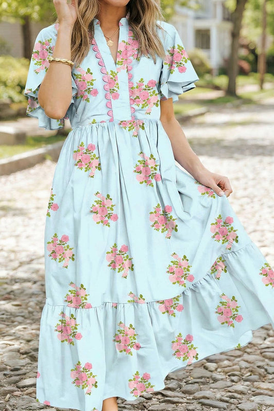 Floral Print V Neck Flutter Maxi Dress