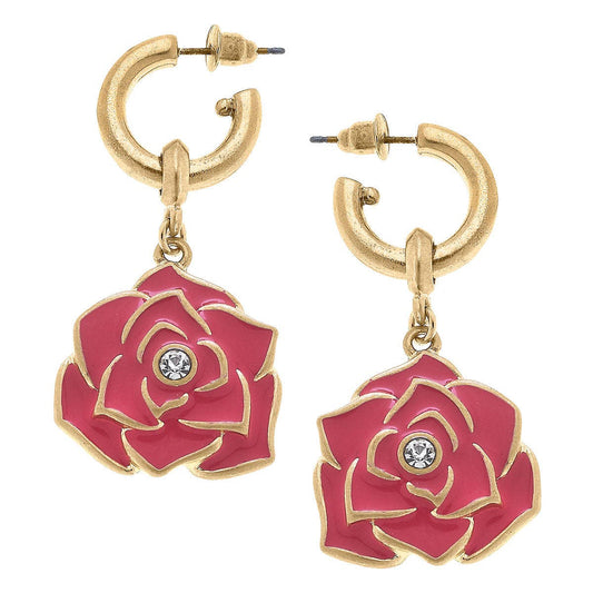 Isabella Rose Enamel Drop Hoop Earrings in Worn Gold