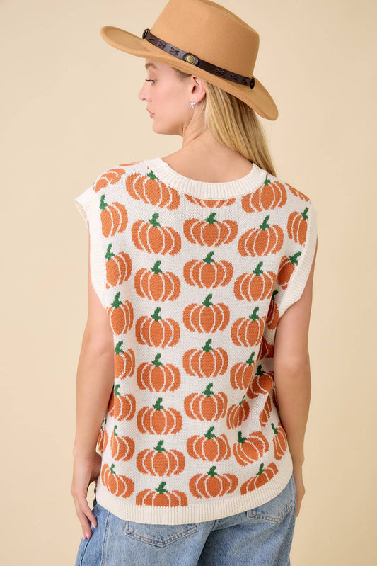 Pumpkin Print Sleevless Sweater Knit Top