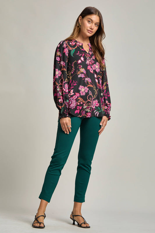 Black Floral Smock Sleeve Top