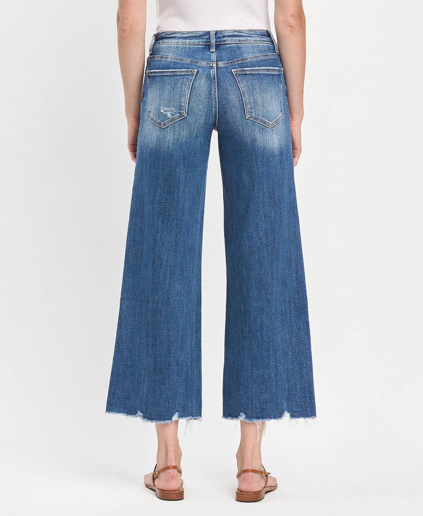 Mid Rise Raw Hem Wide Leg Denim