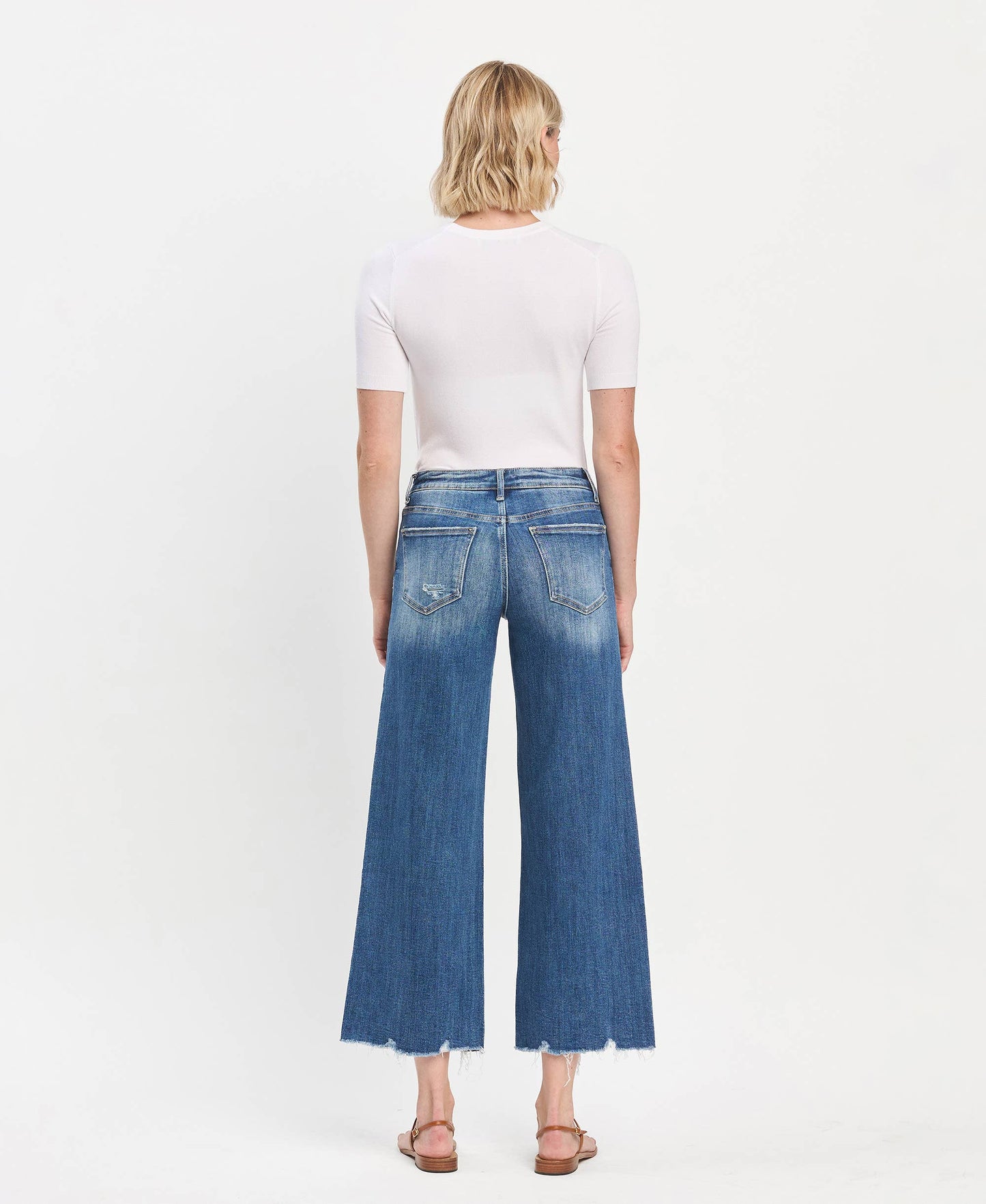 Mid Rise Raw Hem Wide Leg Denim