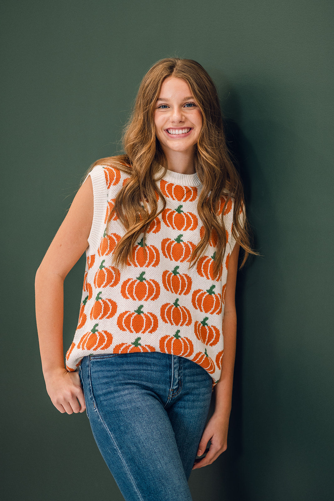 Pumpkin Print Sleevless Sweater Knit Top
