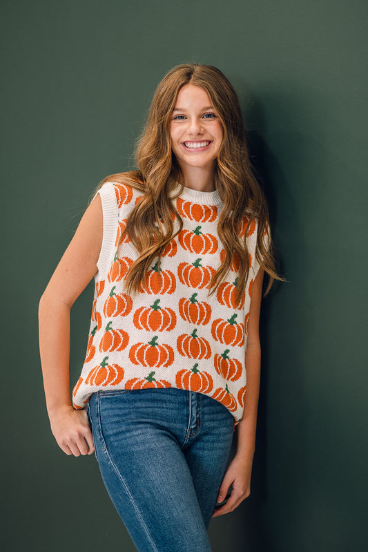 Pumpkin Print Sleevless Sweater Knit Top