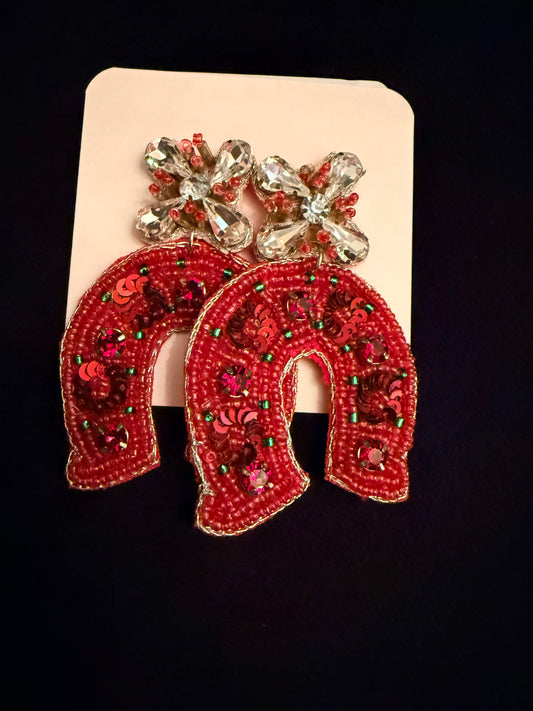 Red Horseshoe Beaded Earrings