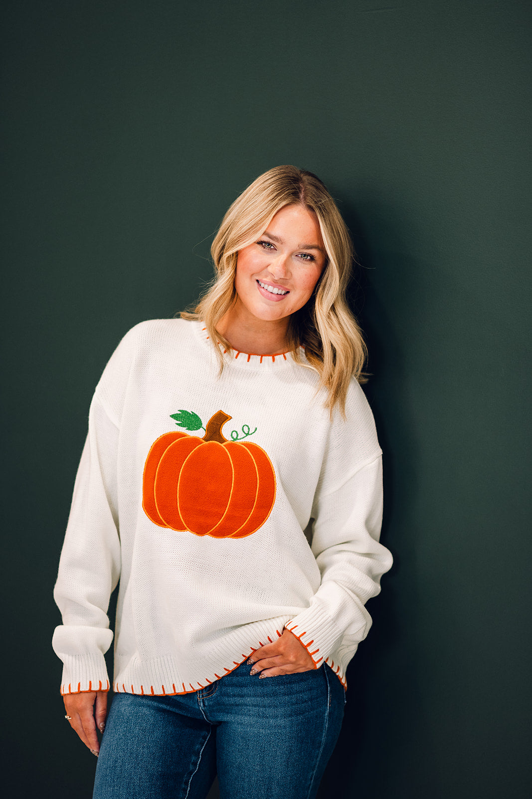 Pumpkin Patchwork Sweater Knit Top With Stitching Detail