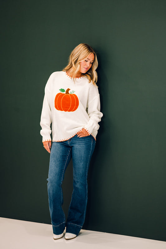 Pumpkin Patchwork Sweater Knit Top With Stitching Detail