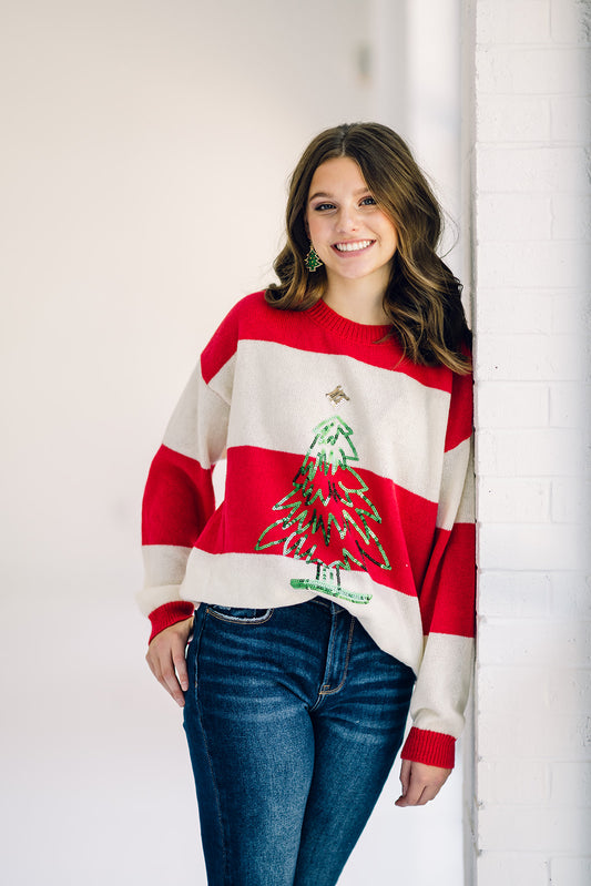 Stripe Sweater Top With Tree Sequins