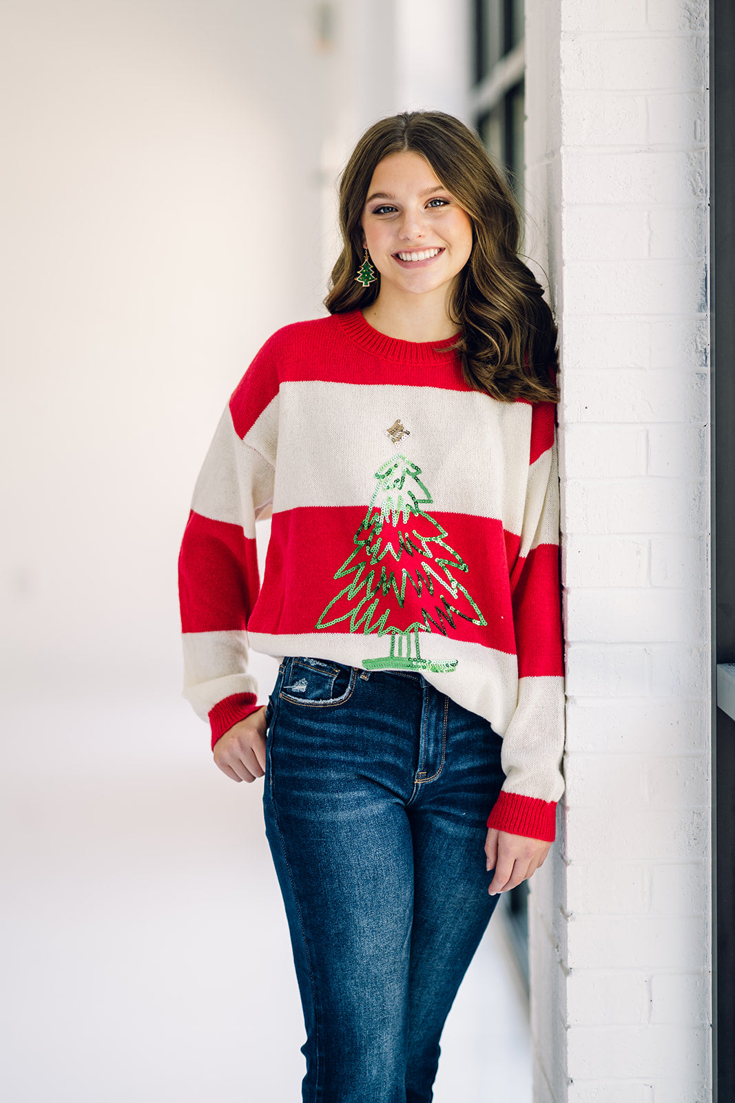 Stripe Sweater Top With Tree Sequins