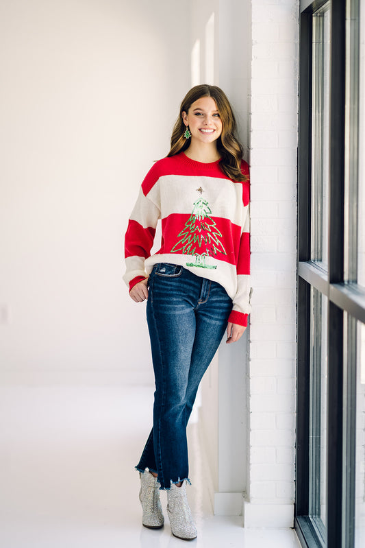 Stripe Sweater Top With Tree Sequins