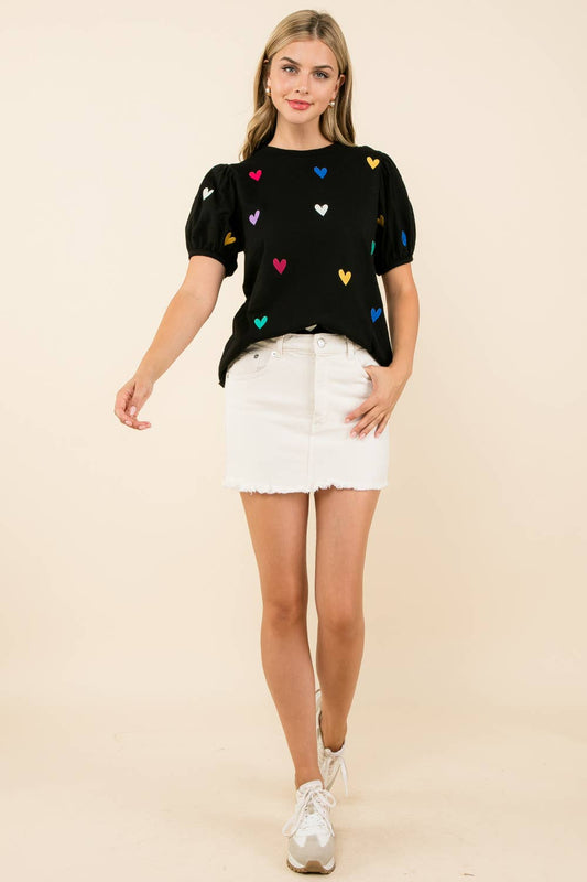 Embroidered Heart Short Sleeve Top