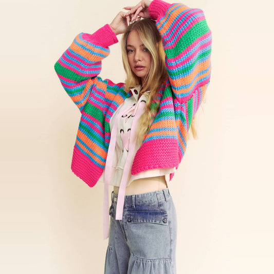 Chunky Knit Multi Striped Open Sweater Cardigan