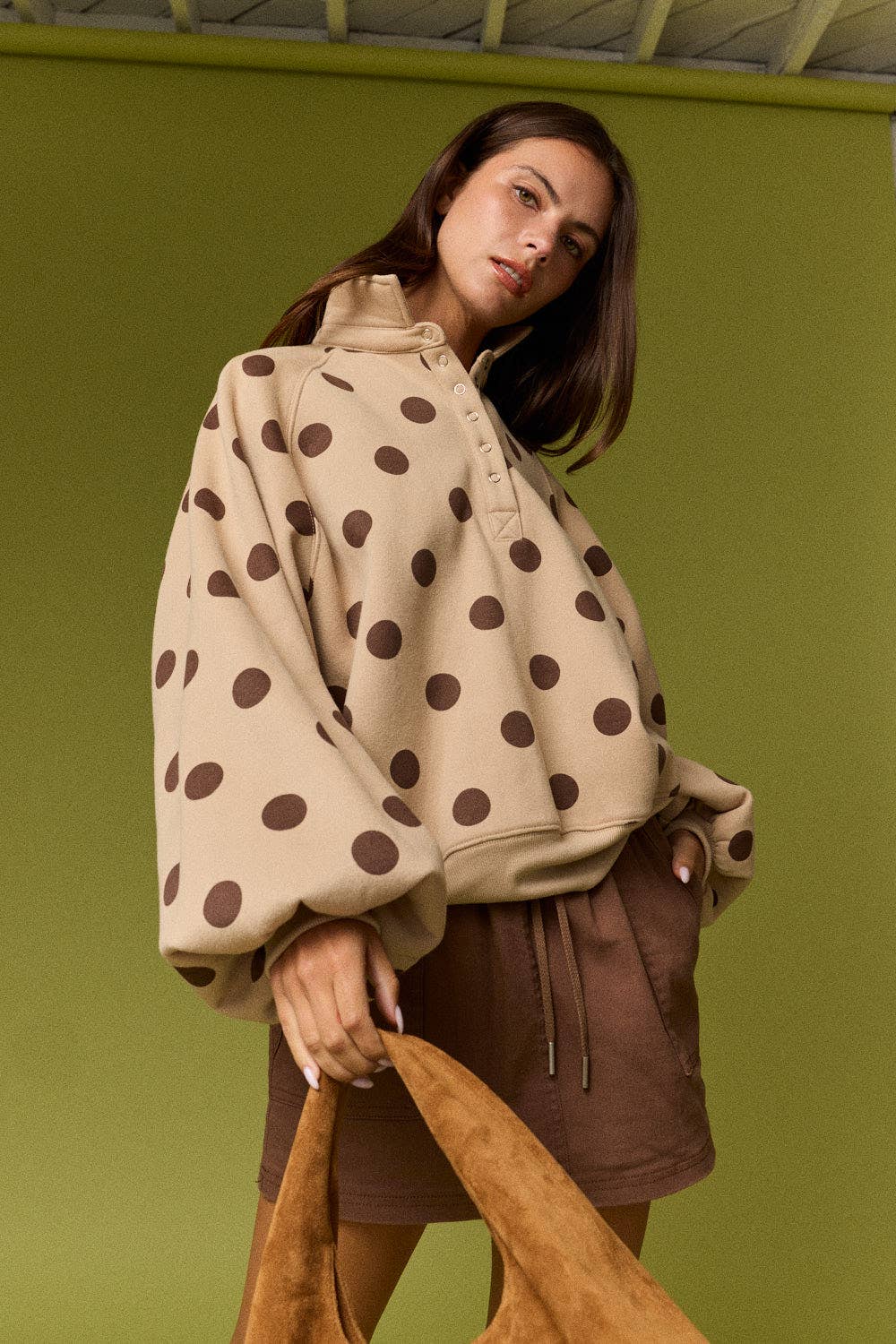 Half-Snap Button Polka Dot Sweatshirt