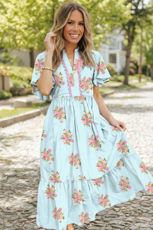 Floral Print V Neck Flutter Maxi Dress