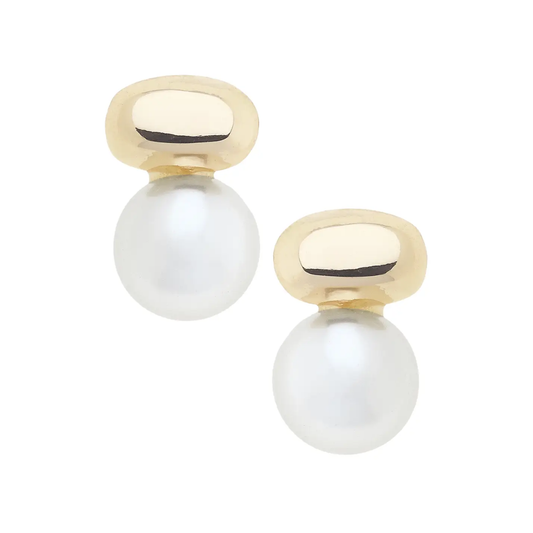Ashton Pearl Stud Earrings in Ivory & Shiny Gold