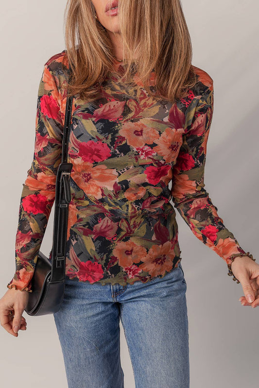 Floral Print Mesh Top