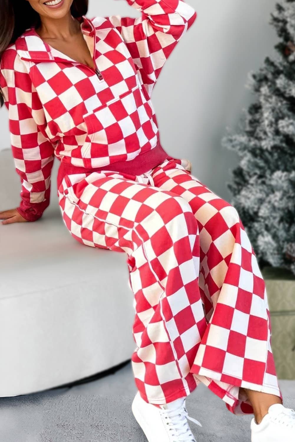 Checkered Print Half Zip Hoodie & Pants Set