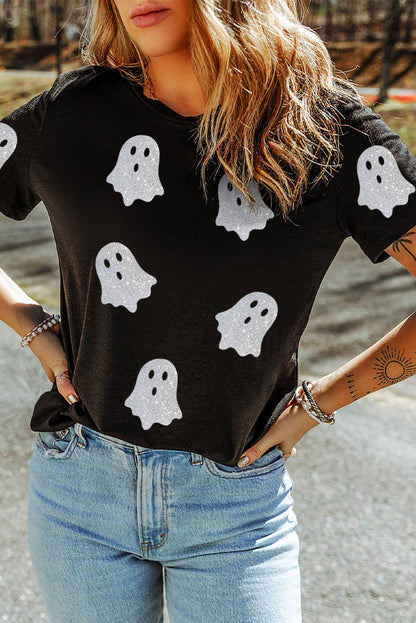 Glitter Ghost Pattern Crew Neck Tee